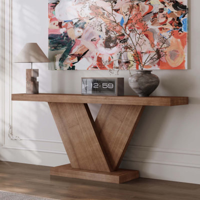 Console moderne à pieds en X avec placage en bois massif, table de couloir d'entrée robuste pour les petits espaces, table de bout étroite Mid-Century