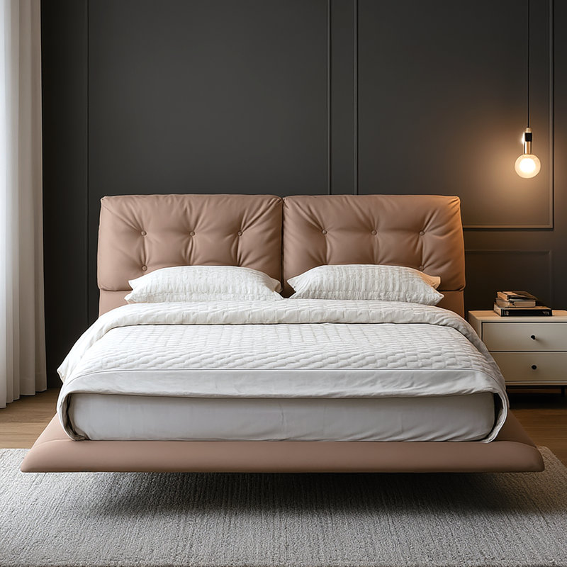 Branson Floating PU Leather Platform Bed With LED Lights & Tufted Headboard, Khaki