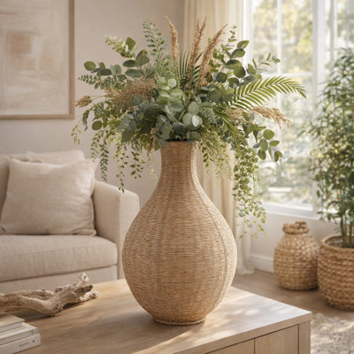 Vase décoratif en fer tressé pour la décoration intérieure - Grand vase sculptural pour centre de table et décoration de salon - Brun et beige