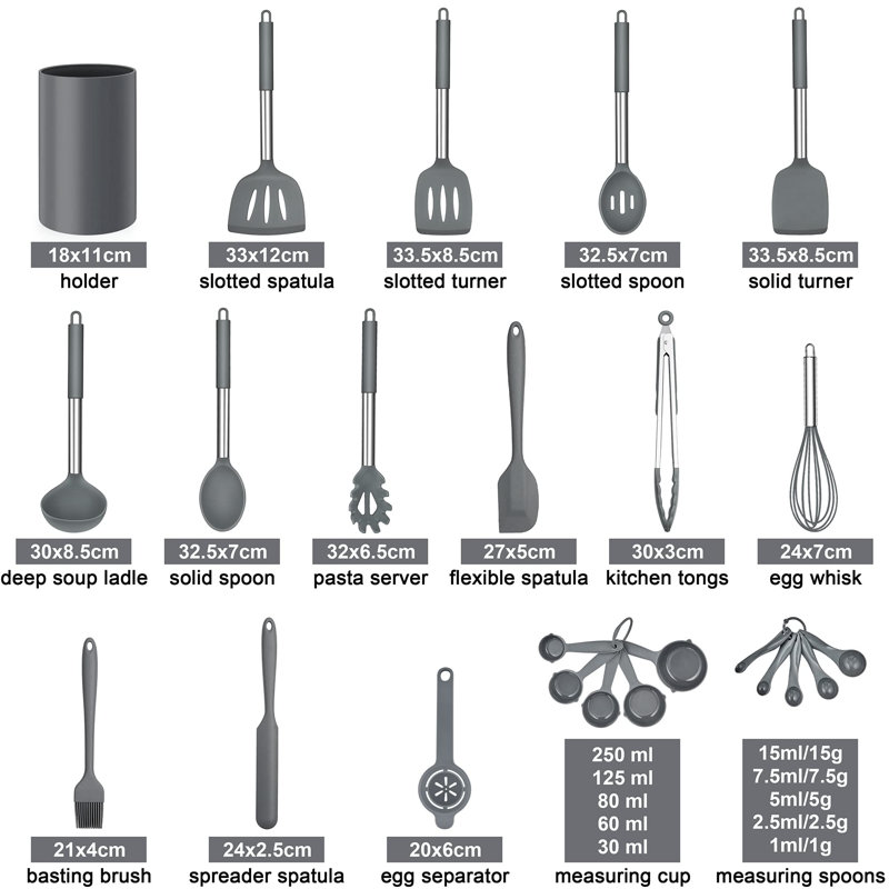 25-Piece Silicone Cookware Set, Grey