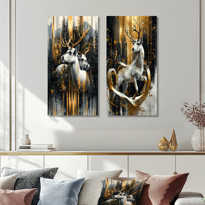«Magic and Reindeer At Christmas I - Christmas Santa Deer», ensemble de 2 pièces d'art mural, H 28 po x l 24 po, Toile tendue
