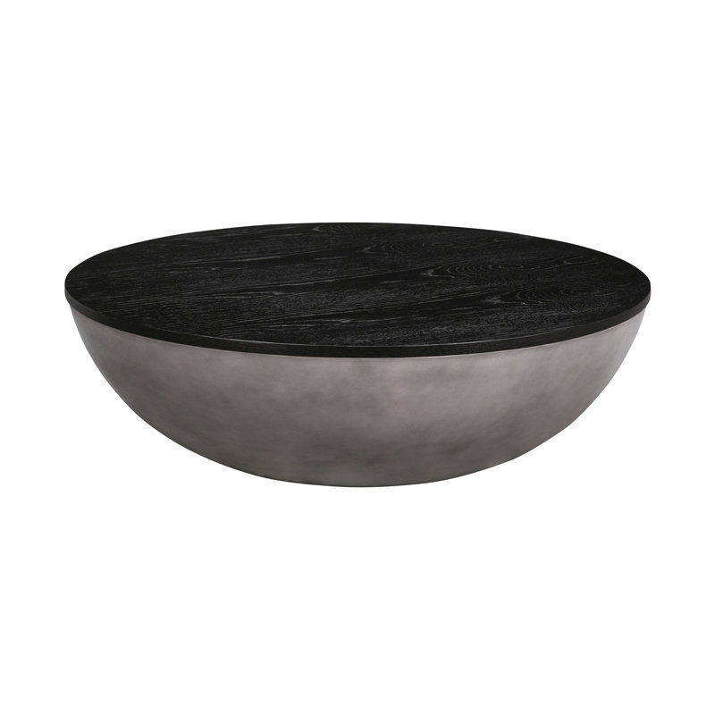 Mitton 48" Wide Round Coffee Table In Concrete And Brushed Oak Wood, Black