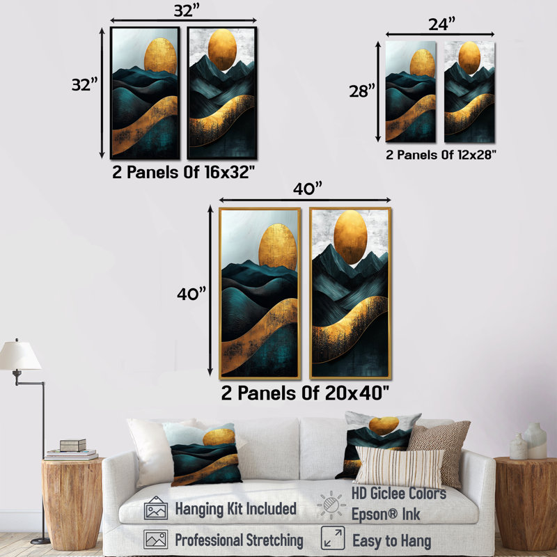 «Sunrise On Golden Emerald Mountains Horizon III», art mural 2 pièces, H 28 po x l 25 po, Encadrement argenté