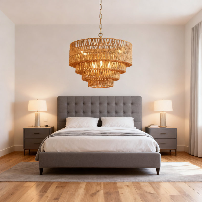 Lustre 6 lumières Boho Rattan, Doré