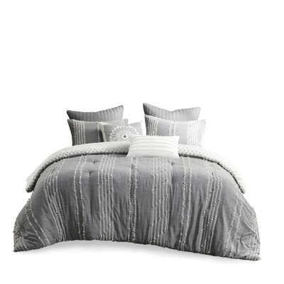Cotton Comforter Mini Full/Queen Gray. 100% Cotton. Embroidered Stripes. Grey Reverse With Pattern. 2 Matching Shams. Machine Washable. Gray . Diamond Print On Reverse. Reversible Hidden Bar Tacking.