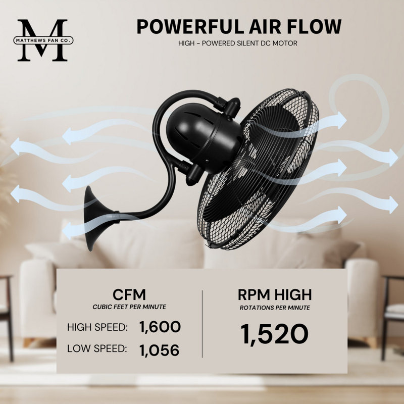 Laura Metal Blades 16" Oscillating Wall Mounted Fan, Matte Black Finish