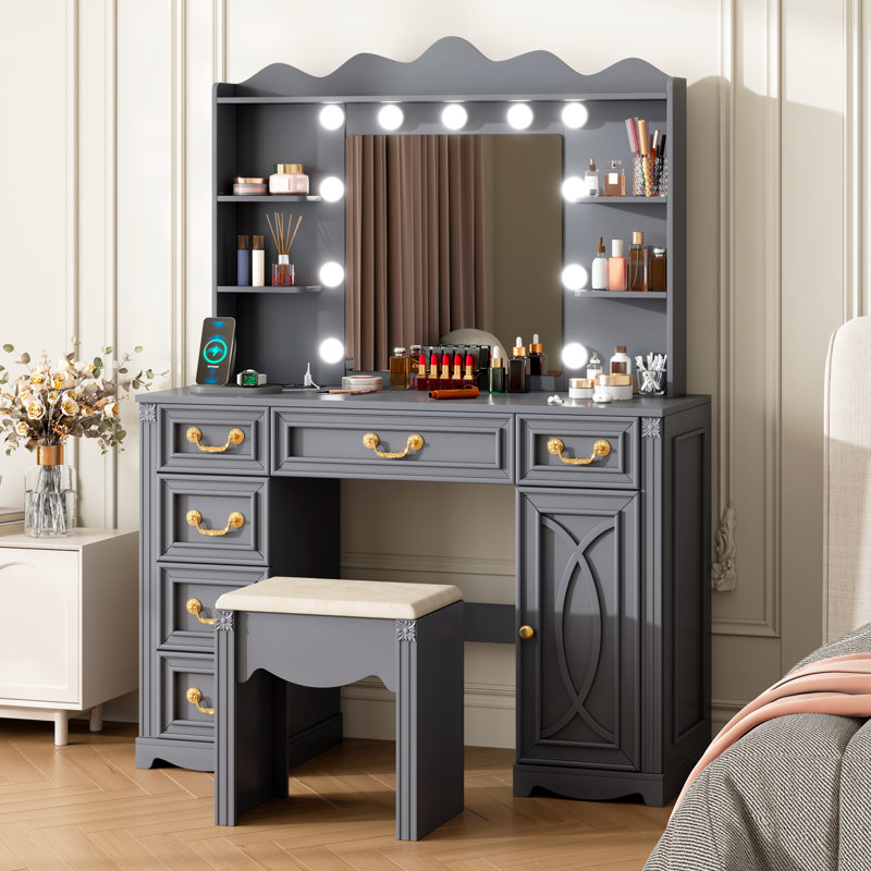 Makeup Vanity with 3-color Lighting Mirror, Outlets, Stool, Storage Drawers and Cabinet, Gray