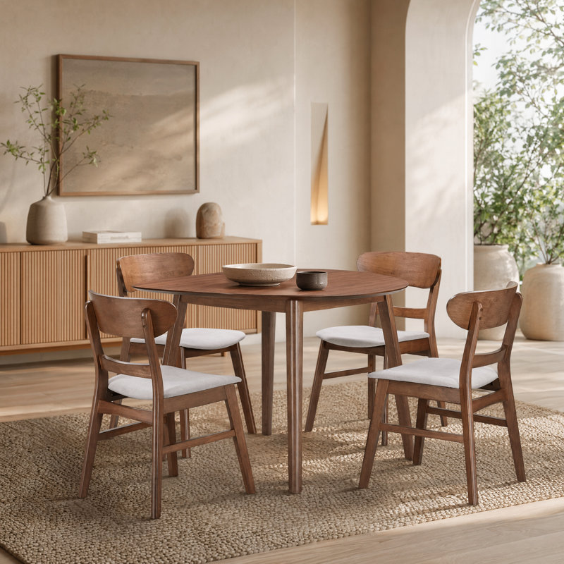 Solid Wood Upholstered Dining Table Set, Walnut/ Beige