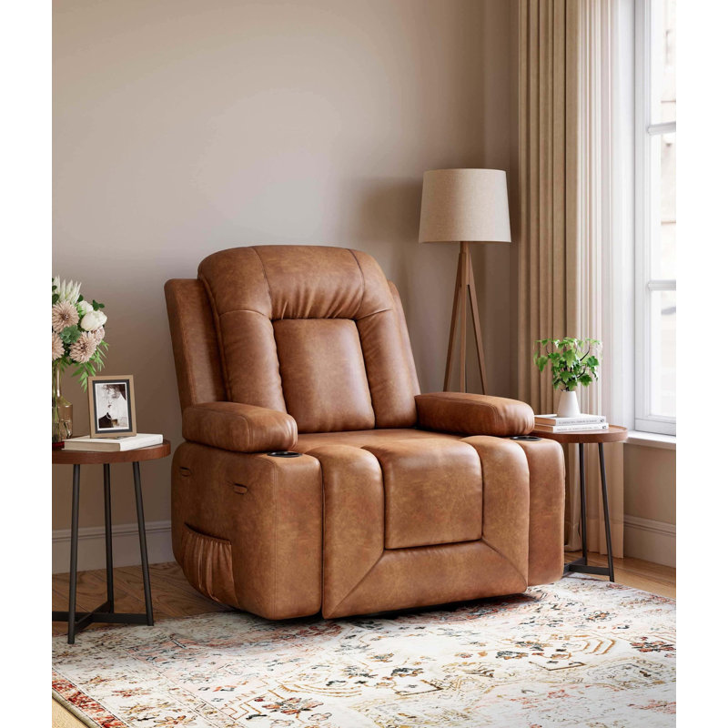Fauteuil inclinable électrique surdimensionné de 41,7 po de largeur avec siège chauffant, massage, cuir PU et repose-pieds