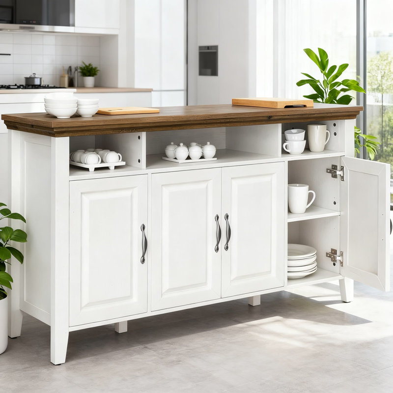 Buffet Farmhouse avec rangement, table de cuisine 55 pouces avec 4 portes, finition en bois rustique pour les meubles de salle à manger