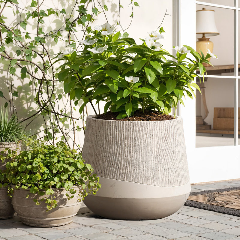 Blended Tan with Wood Pattern Round Tapered Tall MgO Planter, Indoor and Outdoor, 15.20" H x 17.30" W x 17.30" D