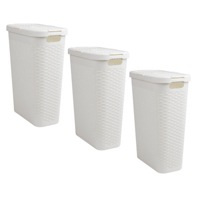  40L Slim Laundry Hamper, Clothes Basket, Lid, Wicker Design, Plastic, Set of 3