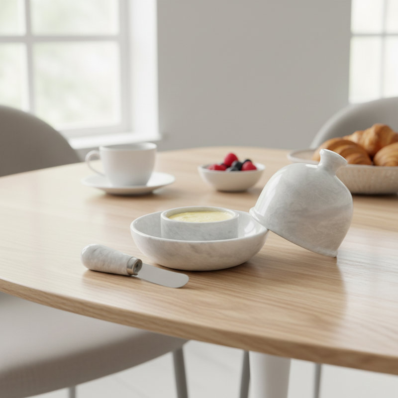 Artisan Marble Butter Keeper Set – Handmade Butter Dish with Lid and Knife – Keeps Butter Fresh, Soft and Easy to Spread – Elegant Kitchen and Tabletop Decor