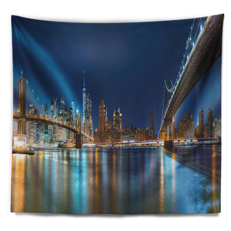Tapisserie de nuit des ponts de brooklyn et de manhattan Cityscape, H 32 po x l 39 po