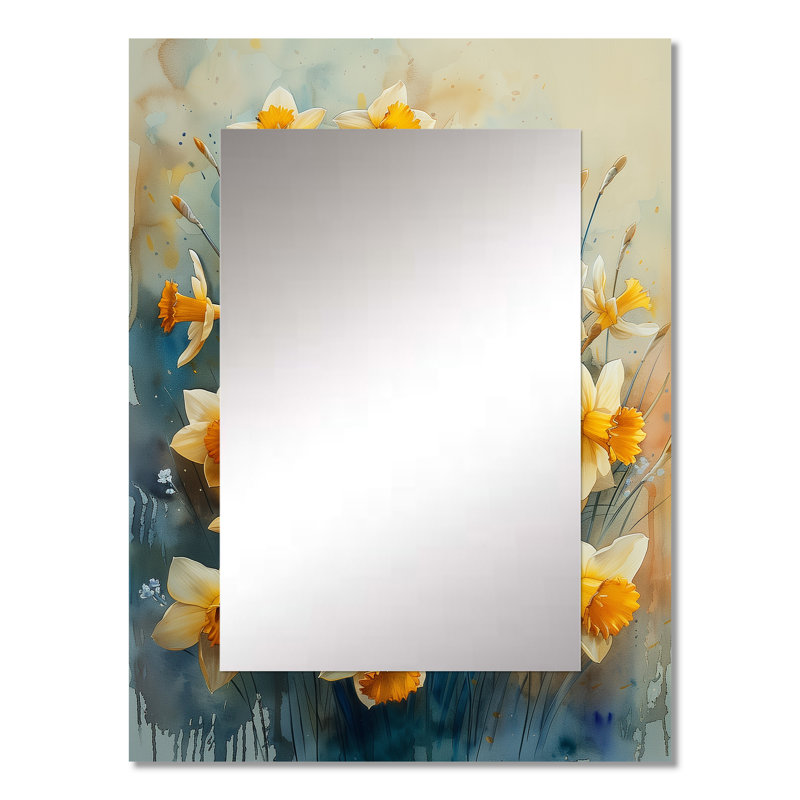 Jaune jaune gris bouquet de jonquilles - grand miroir mural jonquilles, 32 po x 24 po