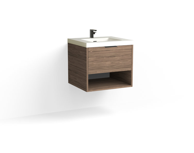 Modo 24" W Wall Mounted Single Bathroom Vanity , Glossy White/Single, Satin Brass, Nocino