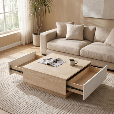Modern Faux Travertine Coffee Table with 2 Drawers