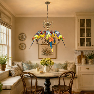5-Light Tiffany Colorful Parrot Stained Glass Chandelier, Antique Bronze Bird Pendant Light, Dining Room, Kitchen Island, Foyer Entryway Hallway