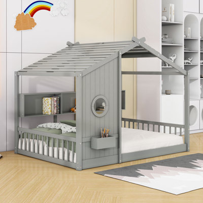 Wood Montessori House Bed With Roof And Built-In Storage Shelf