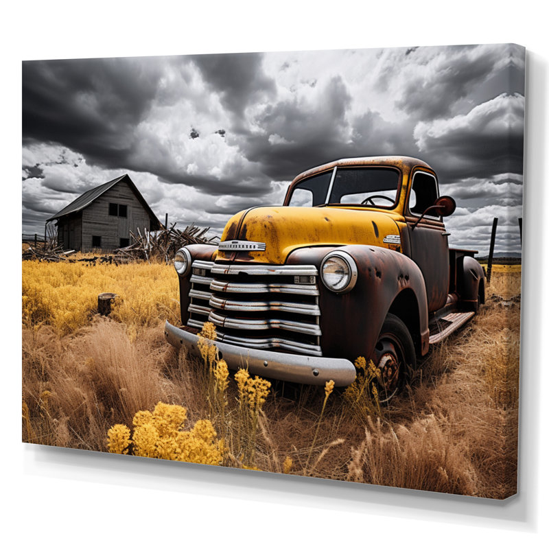 " Yellow Pickup Truck Rustic Rides I ", 24" H x 32" W, Wrapped Canvas