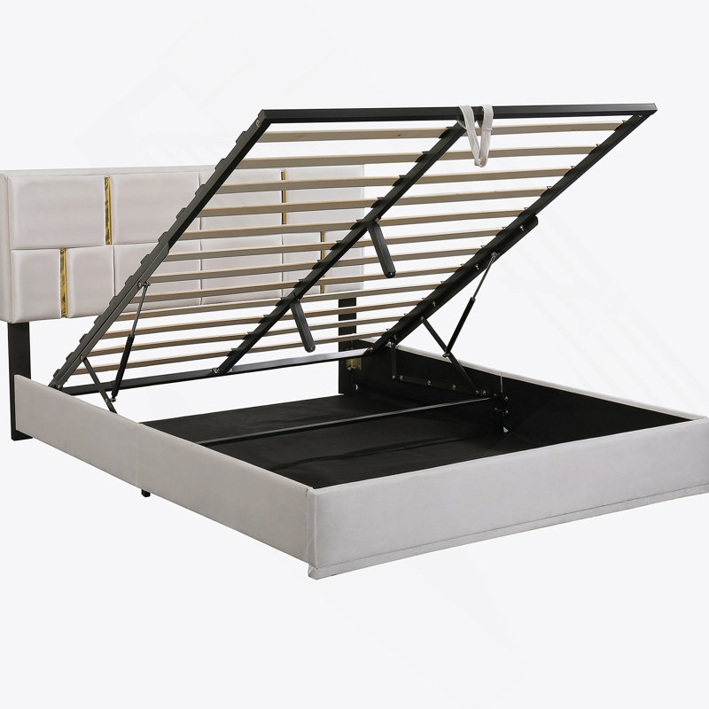 Upholstered Platform Bed with Hydraulic Storage System, Beige