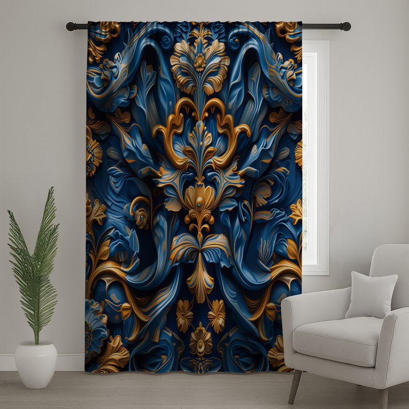 Rideaux à motif baroque bleu et doré, voilages et rideaux baroque - 1 panneau, 50 po x 80 po - 1 panneau, Blockout