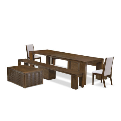 L'ensemble de 6 tables de salle à manger modernes comprend une table de cuisine rectangulaire extensible, 1 table basse, 2 chaises de salle à manger et 2 bancs modernes, noyer antique