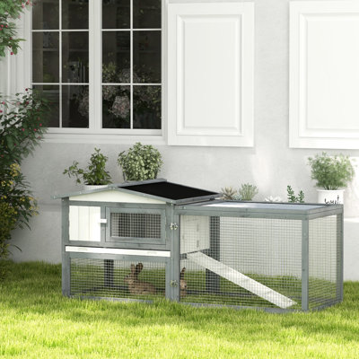 Outdoor Rabbit Cabin - 61.4" L 2 Cage With Run, Feeding Trough, Removable Tray, Ramp, Asphalt Roof For 1-2 Rabbits, White , Wooden 1 2