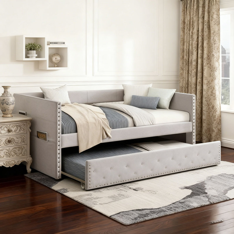 Daybed Pull-out Trundle Side Pockets Upholstery Nailhead Trim Bedroom Living Room Furniture, Light Gray
