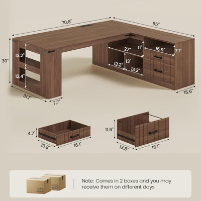 71" Executive Desk, L Shaped Computer Desk With Power Outlets And Lateral File Cabinet, Modern Corner Desk With Storage Shelves, Business Furniture Workstation