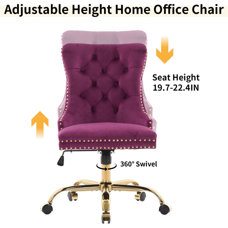 Chaise de bureau moderne en velours capitonné avec piètement en métal doré, chaise de bureau pivotante et réglable (violette)