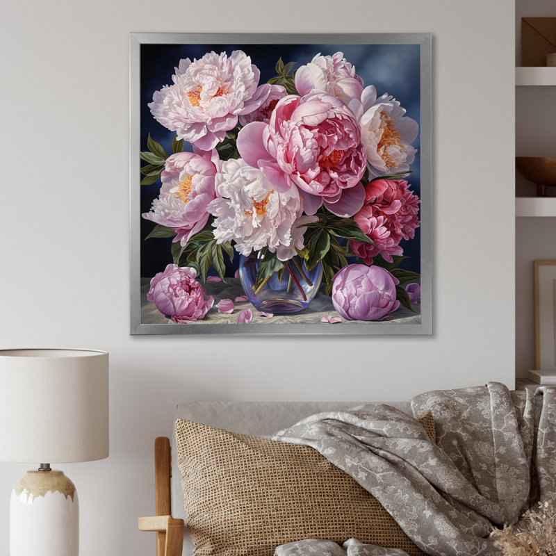 Pink Peonies Bouquet Still Life, 36" H x 36" W, Silver Picture Framed