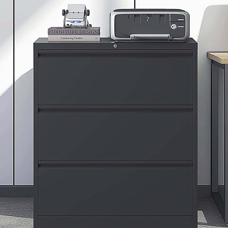 Lateral Metal File Cabinet 3 Drawer, Filing Cabinet with Lock, Black