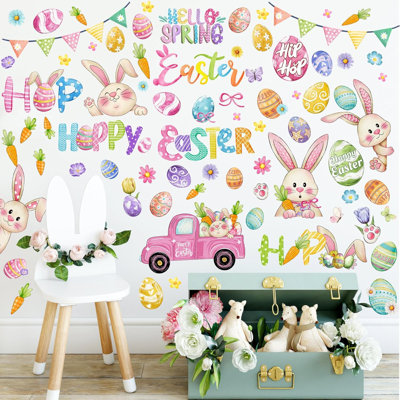 6 Sheet Easter Wall Decals Happy Easter Bunny Window Clings Rabbit Eggs Watercolor Reusable Wall Decals Spring Stickers Decorations for Kitchen Party Office Home Nursery Art Decor Gift