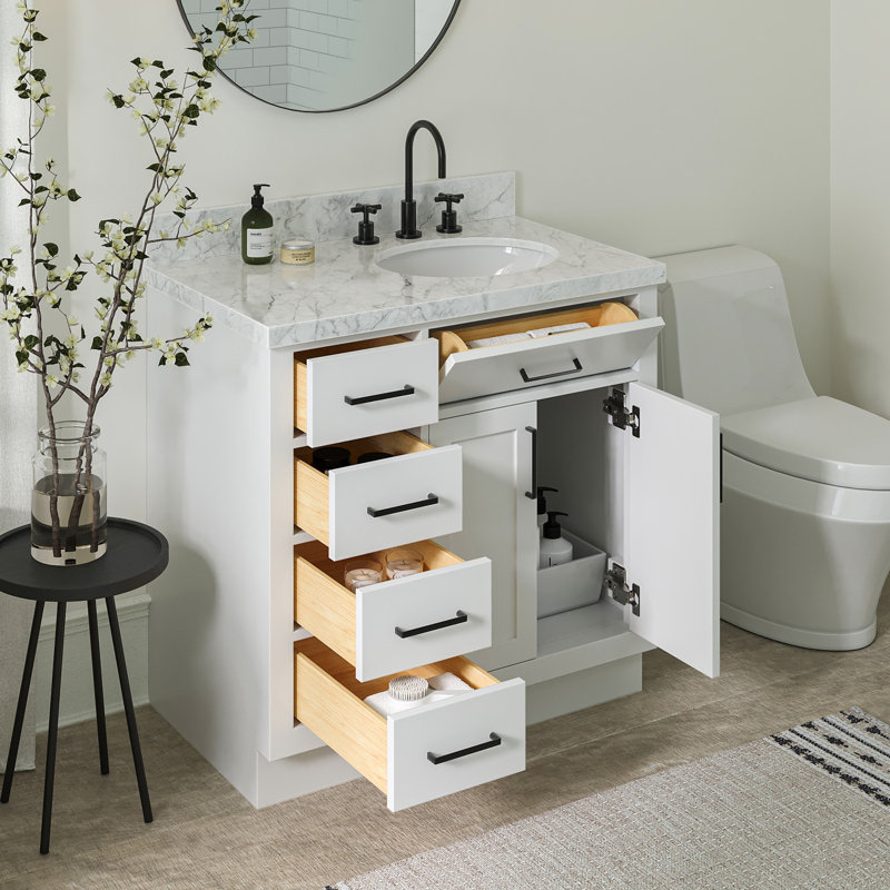 Meuble-lavabo simple en bois massif 36 po Tidworth avec plateau en marbre de Carrare 1,5 po, Oui, Ovale, Blanc