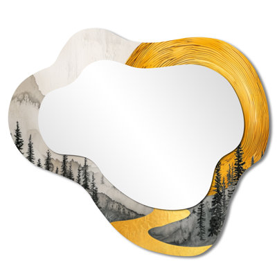 Amber Gold Of The Sun River Of Crystal I - Forest Asymmetrical Wall Mirror, Traditional Vanity Mirror, Printed on Metal