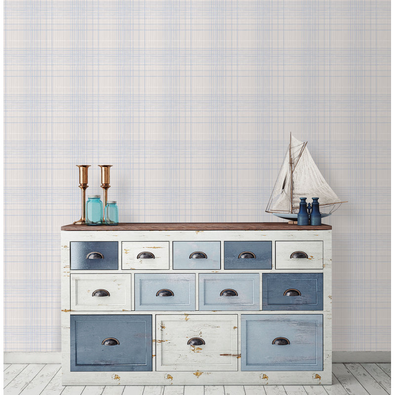 Deauville 2 Grid Lines Effect 33' L x 21" W Wallpaper Roll, Navy Blue/Sky Blue/Beige