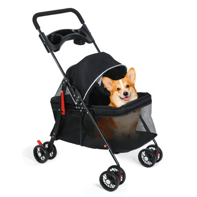 Foldable Pet Stroller With Weather Cover, 4 Wheels Pet Strolling Cart For Small/Medium Dogs And Cats With Storage Basket And Cup Holder