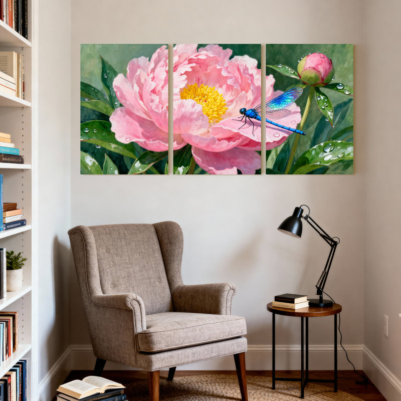 Ensemble de 3 tableaux sur toile tendue représentant une pivoine et une libellule, H 18 po x l 36 po
