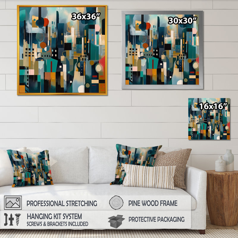 «Green Abstracted Scenic Views II - Abstract Landscape Wall Art Living Room», H 16 po x l 16 po x P 1 po, Encadrement doré