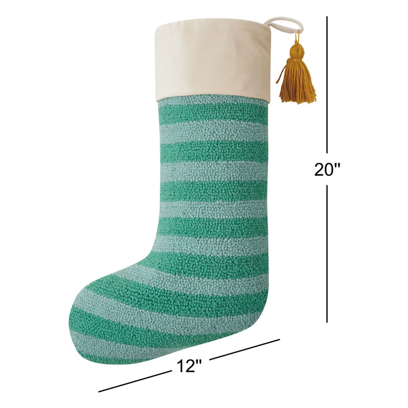 Chaussette de Noël à rayures avec pampilles, Bleu / vert