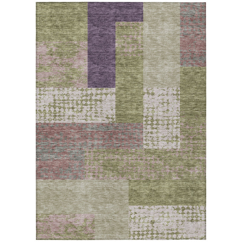 Tapis extérieur lavable géométrique 10 pi x 14 pi vert mauve et rose