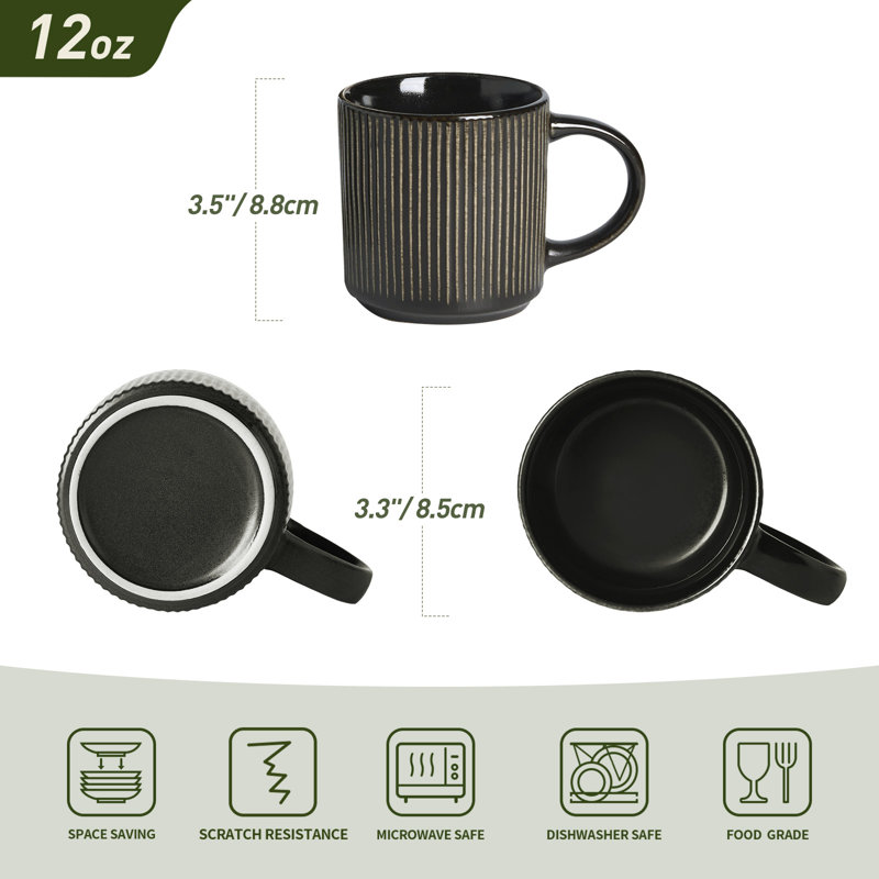 Ensemble de tasses en grès 4 pièces (ensemble de 4), Noir et or