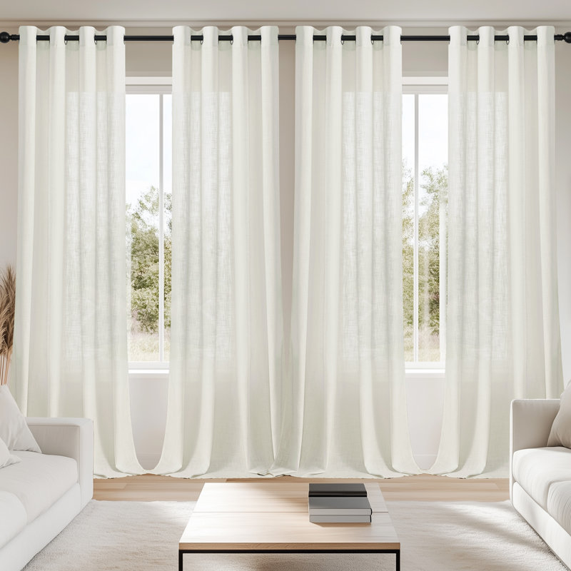 4 Pcs Polyester Linen Textured Light Filtering Semi-sheer Grommet Curtain Pair(set Of 2), White, 52" W x 72" L