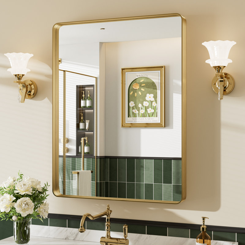 Miroir de salle de bain mural Llesenia, Or brossé, 36 po x 28 po, Rectangulaire
