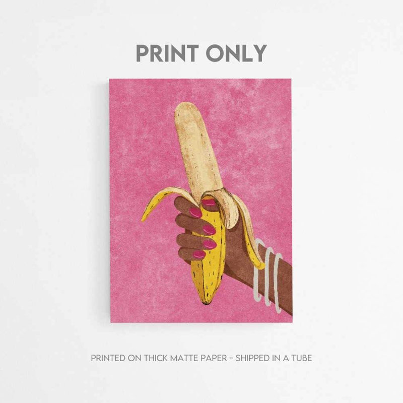 Banana Pop Art Print: Illustration colorée de fruits, H 32 po x l 24 po, Noir, Impression encadrée sans passe-partout