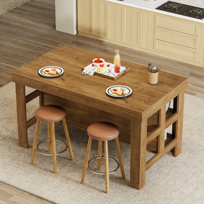 Table pour îlot de cuisine 55,1 "avec rangement et sièges pour la salle à manger de cuisine, Brun