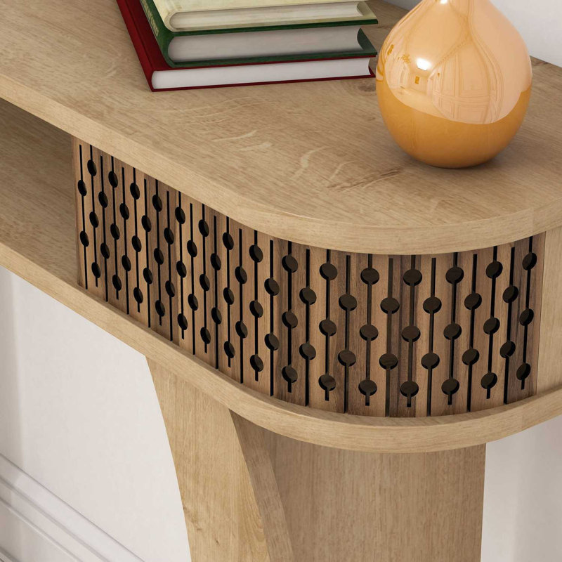 Modern Oak Sideboard with Mirror, 41.3 x 33.5 x 11.8 inches | 100% Melamine Coated Particle Board, Thickness: 0.7 inches | Wall-Mountable Design, Multiple Shelves for Storage, Elegant Geometric Style