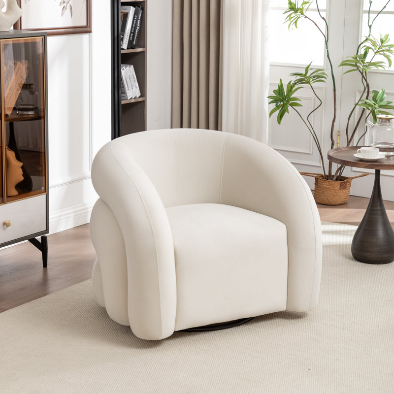 Fauteuil demi-tonneau pivotant rembourré Coyle, Velours beige, 1