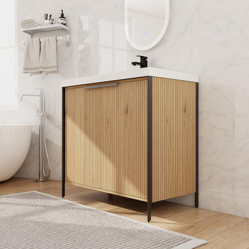 Meuble-lavabo sur pied 36 po avec lavabo en résine, meuble-lavabo sur pied avec porte à fermeture en douceur et tablette